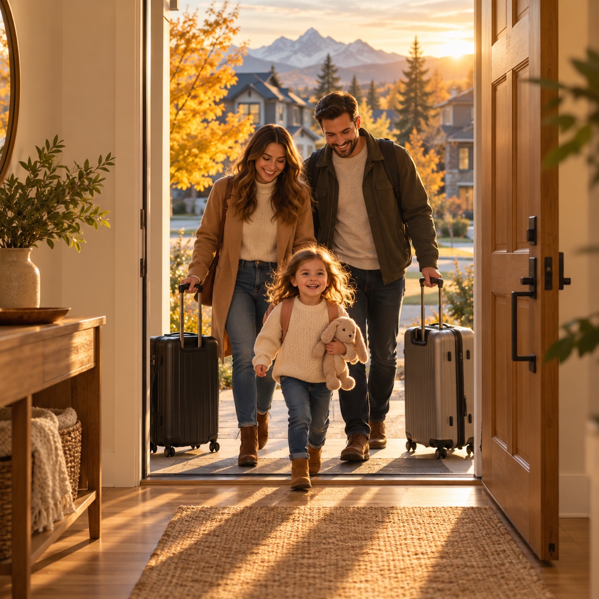 Família com malas chegando pela porta do novo lar em Calgary
